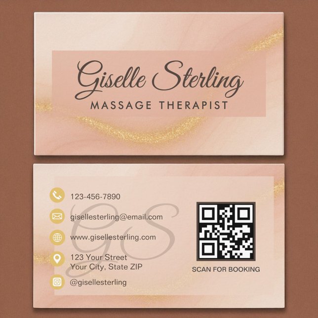 Massage Therapist Watercolor Gold Monogram QR Code Business Card (Creator Uploaded)