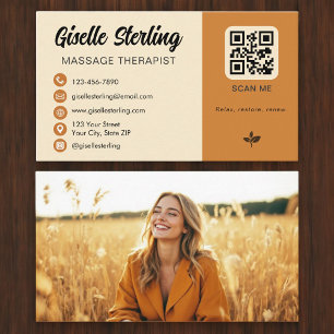 Massage Therapist Yellow Orange QR Code Photo Business Card