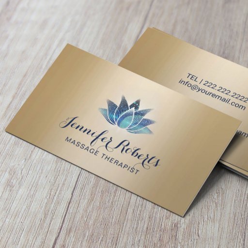 Customizable Massage Therapy Blue Lotus Modern Gold Salon Business Card