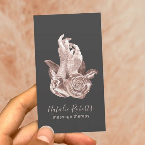 Massage Therapy Elegant Rose Gold Hands  Flowers  Business Card
