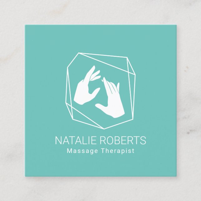 Massage Therapy Geometric Healing Hands Spa Teal Square Business Card (Front)