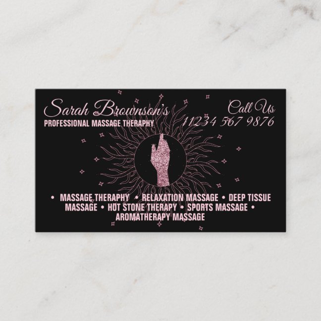 Massage Therapy Glitter Script Healing Hands Business Card
