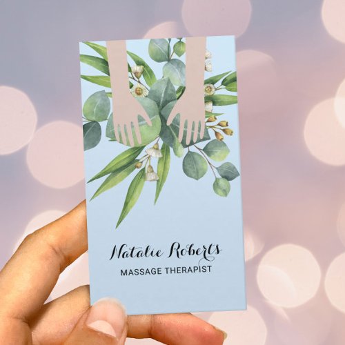 Massage Therapy Healing Hands Botanical Blue Spa Business Card