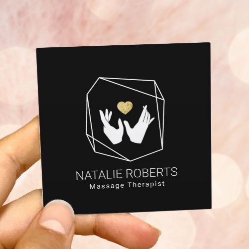 Massage Therapy Healing Hands Gold Heart Geometric Square Business Card