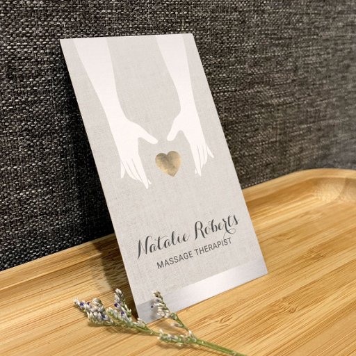 Customizable Massage Therapy Healing Hands &amp; Gold Heart Linen Business Card