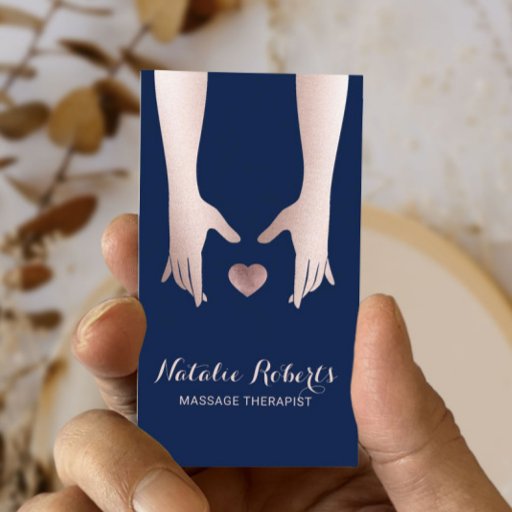Customizable Massage Therapy Healing Hands &amp; Heart Navy Blue Business Card