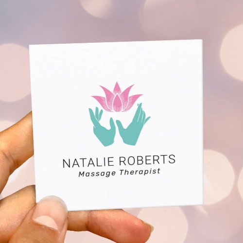 Massage Therapy Healing Hands  Pink Lotus Flower Square Business Card
