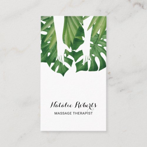 Massage Therapy Healing Hands Tropical Leaves Spa Business Card