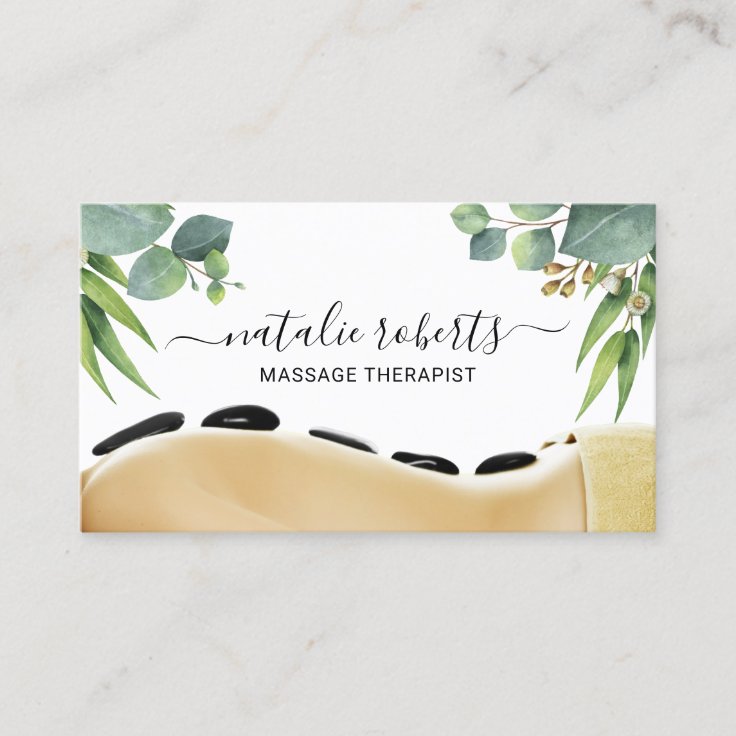Massage Therapy Hot Stone Bodywork Greenery Spa Business Card Zazzle