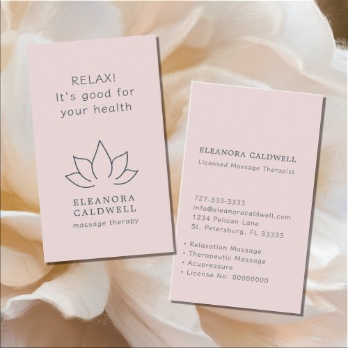 Massage Therapy Lotus Logo Blush Pink Business Card