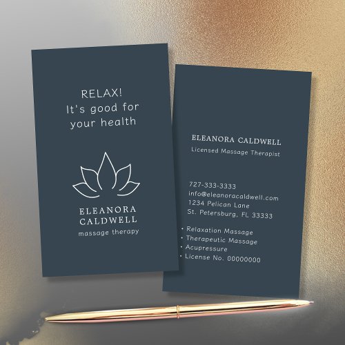 Massage Therapy Lotus Logo White on Charcoal Gray Business Card