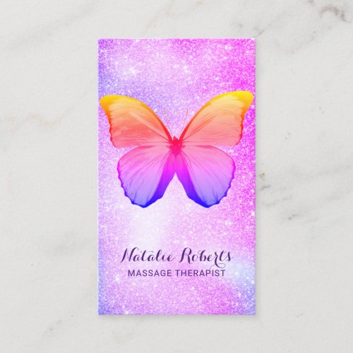 Massage Therapy Modern Rainbow Glitter Butterfly Business Card
