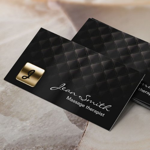 Massage Therapy Monogram Modern Black  Gold Business Card