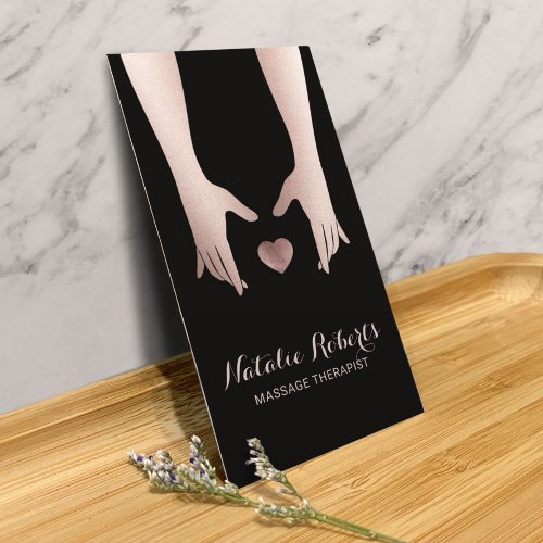 Massage Therapy Rose Gold Healing Hands  Heart Business Card