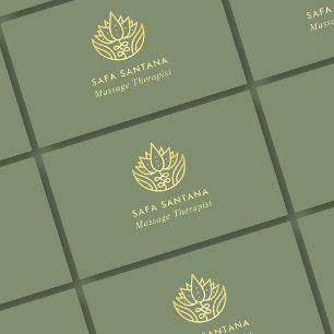 Massage Therapy Sage Green And Gold Lotus Flower   Business Card