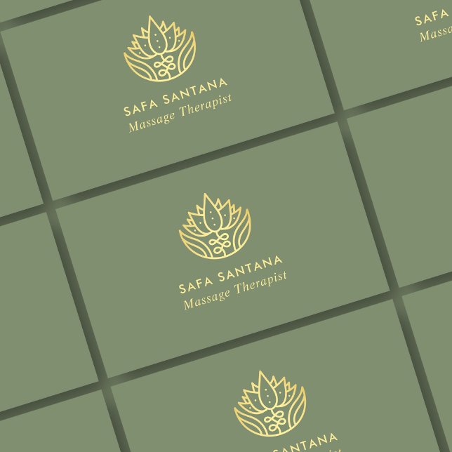 Massage Therapy Sage Green And Gold Lotus Flower   Business Card (Creator Uploaded)