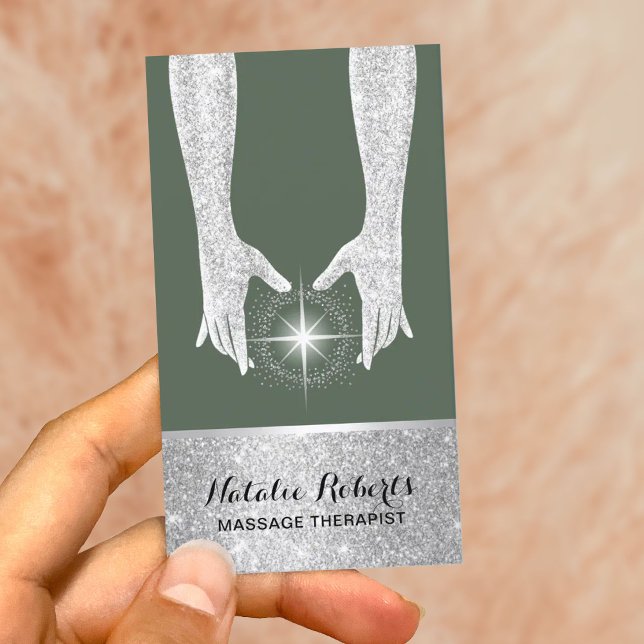 Massage Therapy Silver Healing Hands Spa Green Business Card (Creator Uploaded)