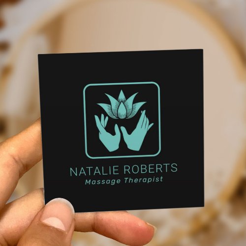 Massage Therapy Teal Healing Hands  Lotus Flower Square Business Card
