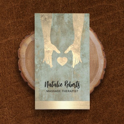 Massage Therapy Vintage Gold Healing Hands  Heart Business Card