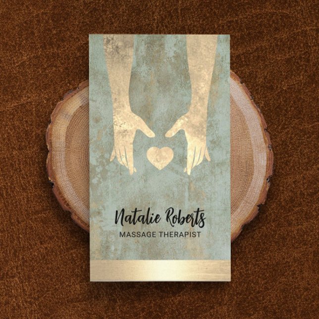 Massage Therapy Vintage Gold Healing Hands & Heart Business Card (Creator Uploaded)