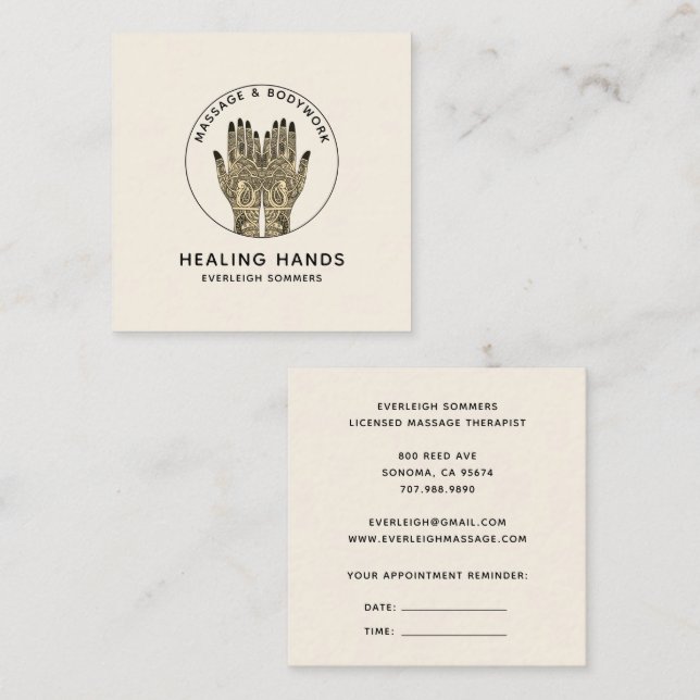 Massage Therapy With Appointment Reminder Square Business Card (Front/Back)