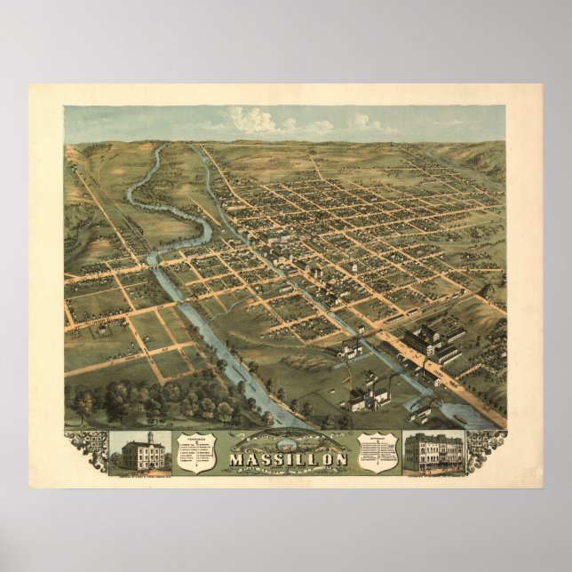 Massillon Ohio 1899 Antique Panoramic Map Poster (Front)