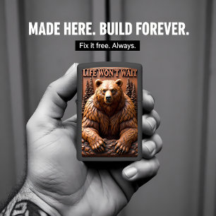 Massive Grizzly Bear Head Forest Zippo Lighter