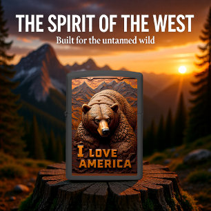 Massive Grizzly Bear I Love America Zippo Lighter