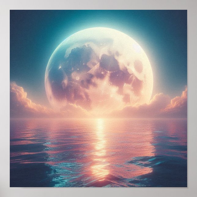 Massive Lunar Glow Over Tranquil Ocean Surface Poster (Front)