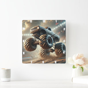 Massive Monster Truck Racing Through Mud Square Wall Clock