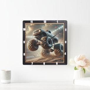 Massive Monster Truck Racing Through Mud Square Wall Clock