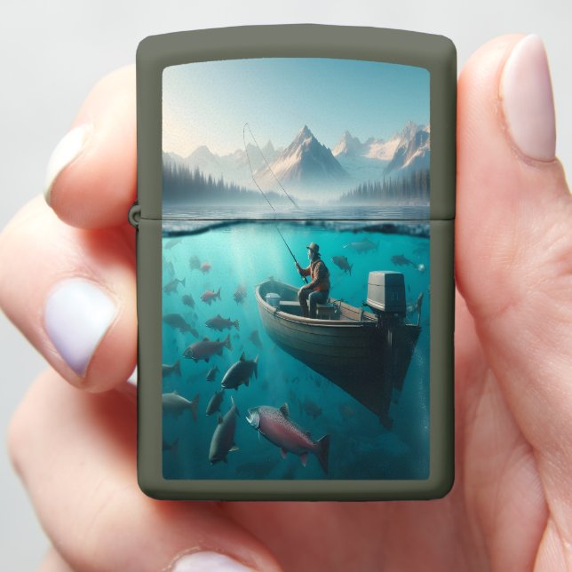 Master Angler Amidst Abundant Aquatic Life Zippo Lighter (In Hand)