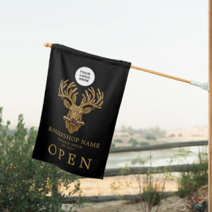 Master Barber Shop Pole Gold Stag Logo Open House Flag