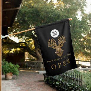 Master Barber Shop Pole Gold Stag Logo Open House Flag