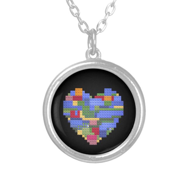 Master Builder Block Brick Building Heart Valentin Silver Plated Necklace (Front)