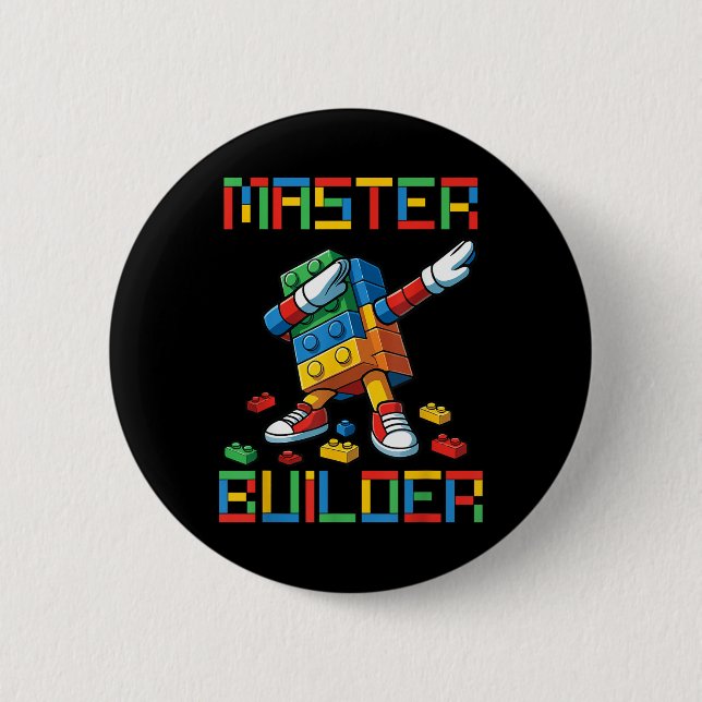 Master Builder Tee Dabbing Blocks Bricks Building  Button (Front)