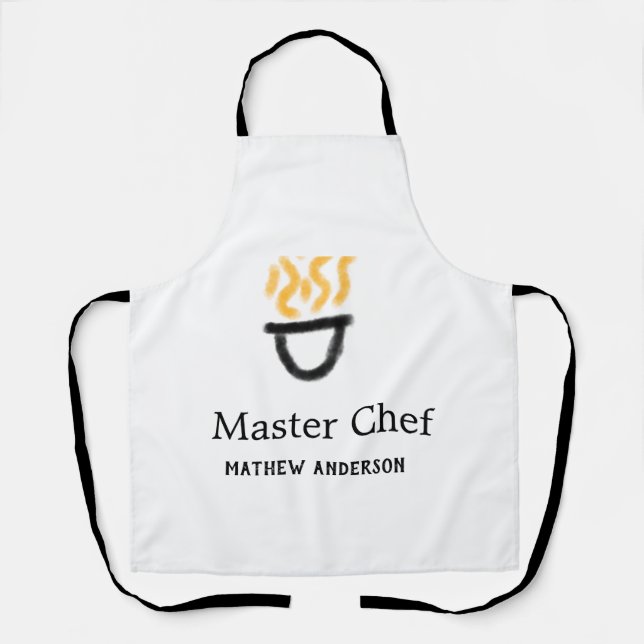 Master chef add name black pan yellow fire fume co apron (Front)
