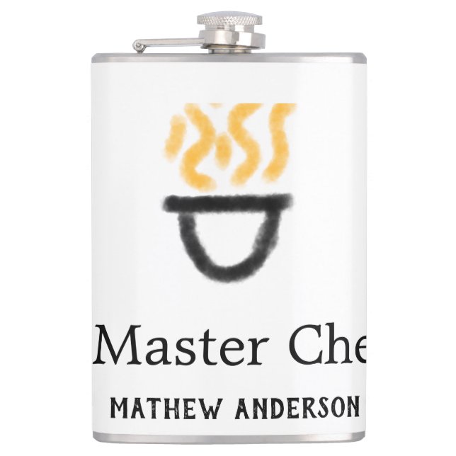 Master chef add name black pan yellow fire fume co flask (Front)