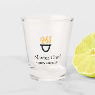 Master chef add name black pan yellow fire fume co shot glass