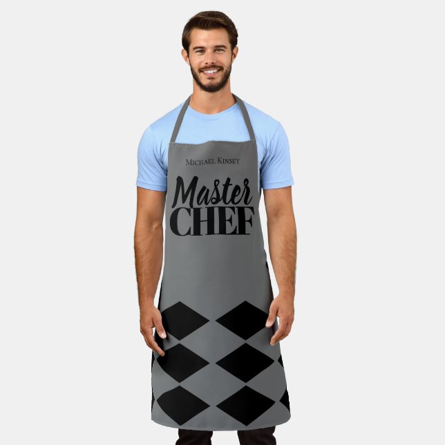 Master Chef name personalized black grey checker Apron (Worn)