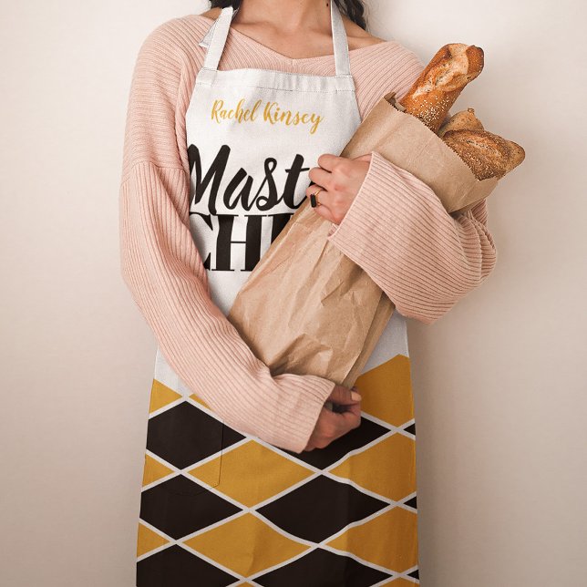 Master Chef name personalized black orange checker Apron (Creator Uploaded)