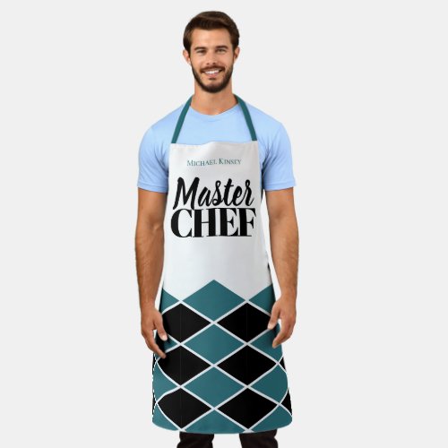 Master Chef name personalized black teal checker Apron