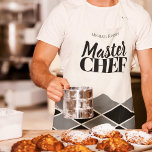Master Chef name personalized black white checker Apron<br><div class="desc">Geometric mosaic pavement style patterned print all over elegant apron in black, white and dark grey charcoal with a masculine look and bold MASTER CHEF typography script. You can personalize it with your name. It can be a nice gift for a cooking lover or a master chef - husband, friend,...</div>