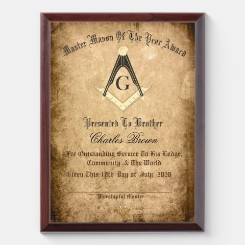 Master Mason of the year Award Plaque