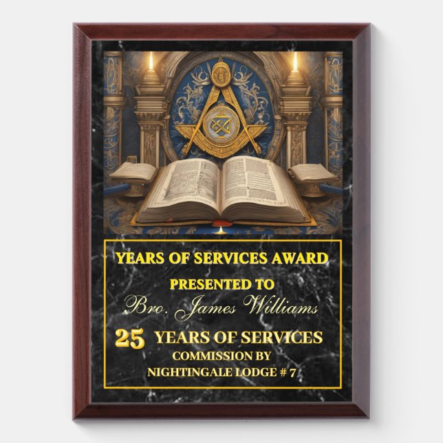 Master Mason Year Of Services Award Plaque (Vertical)