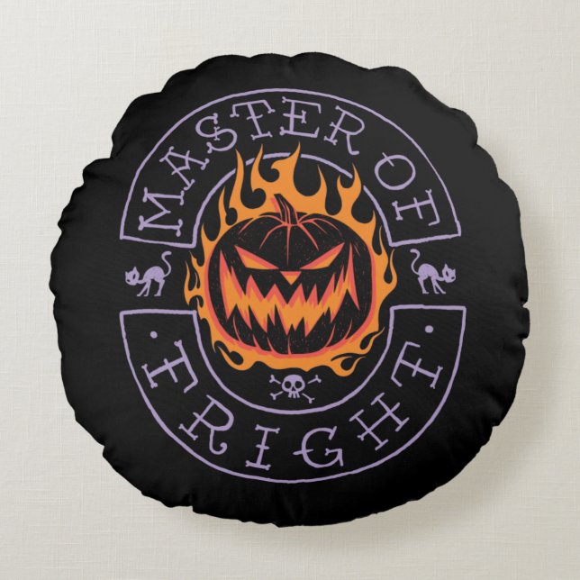 Master of Fright - Flaming Pumpkin Head Round Pillow (Front)