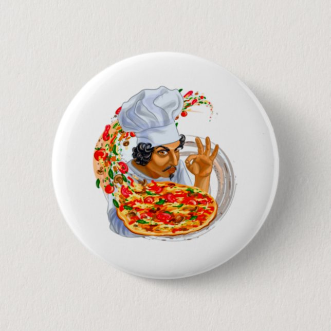 Master Pizza Chef Holding Delicious Pizza Button (Front)