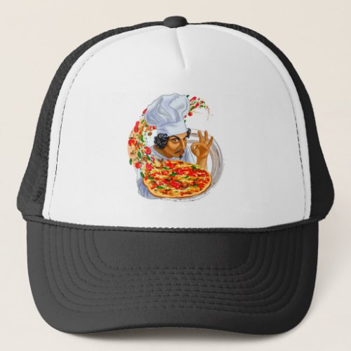 Master Pizza Chef Holding Delicious Pizza Trucker Hat