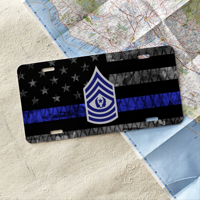 Master Sergeant Thin Blue Line Distressed Flag License Plate (In Situ)
