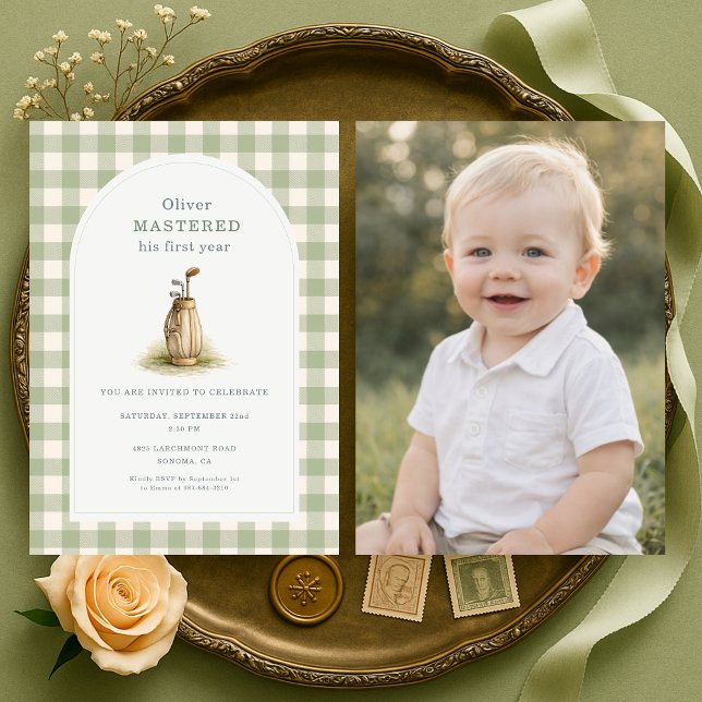 Mastered 1st Year Gingham Photo Birthday Invitation (Creator Uploaded)